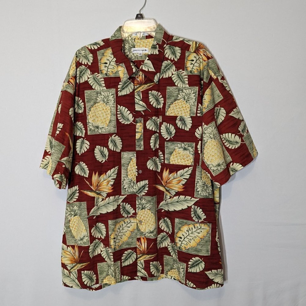 Men's PIERRE CARDIN; Red Floral Tropical, Short Sleeve Button Shirt; Size XXL